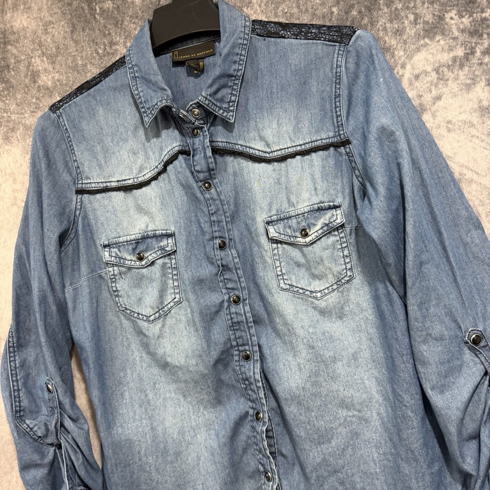 i Jeans by Buffalo Womens Medium Denim Shirt Black Lace Yoke Western Snap Blue